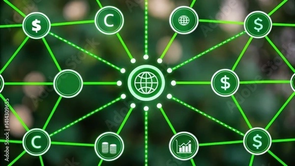 Obraz A network of green icons connected by lines, featuring symbols like money, a globe, and charts, set against a blurred natural background.