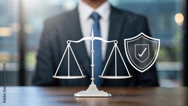 Fototapeta A professional setting featuring a balanced scale symbolizing justice, alongside a shield icon representing protection or security, with a suited individual in the background.