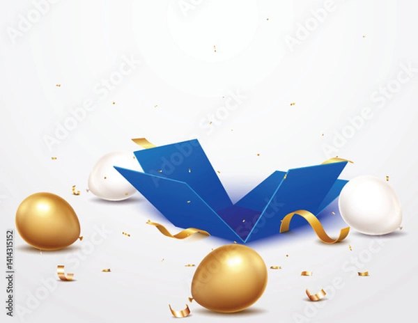 Obraz Open Blue Gift Box With Falling gold Confetti. Present box for birthday, Christmas and New Years celebrations design element
