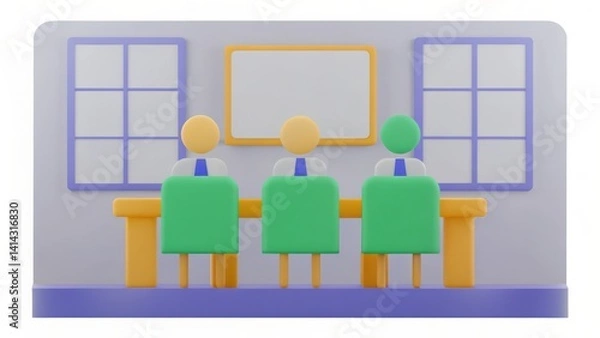 Obraz A colorful, minimalist representation of three people sitting at a conference table in a meeting room.