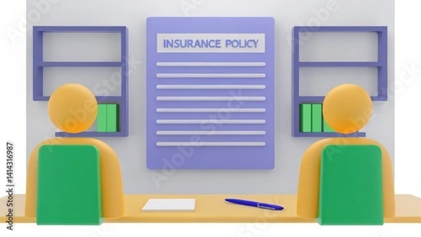 Obraz A 3D illustration showing two people discussing an insurance policy at a desk, with shelves and a document prominently displayed.