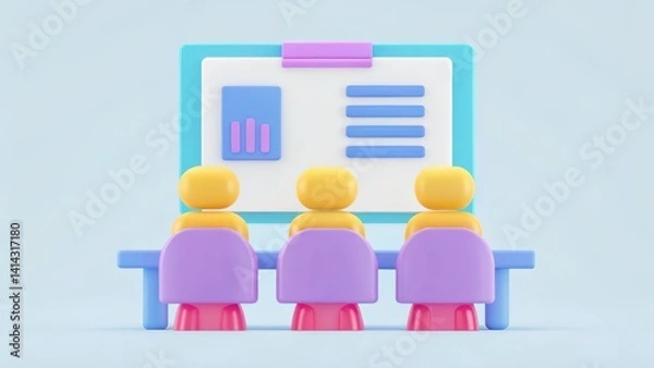 Obraz A colorful 3D illustration of three figures sitting at a table, looking at a presentation board with graphs and information.