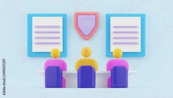 Fototapeta A colorful 3D illustration depicting three people in a meeting, discussing documents and a shield symbol, suggesting teamwork and collaboration.