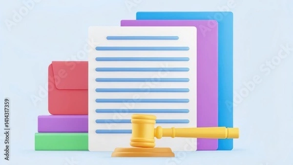Obraz A colorful arrangement of legal documents and a gavel, symbolizing law and justice in a modern context.