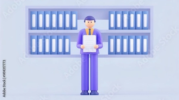 Fototapeta A digital illustration of a man in a suit holding documents in front of a shelf filled with files, conveying themes of organization and professionalism.