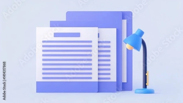 Fototapeta A modern desk setup featuring stylized documents and a colorful lamp against a soft background, emphasizing organization and creativity.