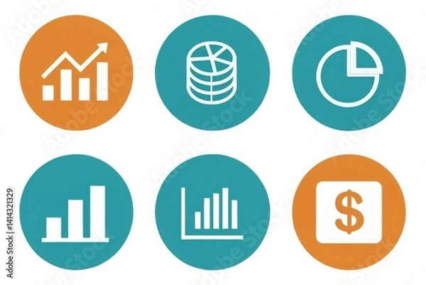 Fototapeta A collection of icons representing financial graphs, charts, and data analysis, showcasing economic growth and statistical information.