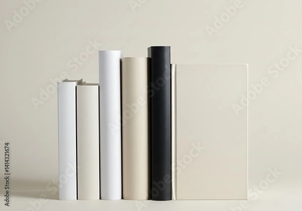 Fototapeta The image showcases a monochromatic arrangement of books in varying heights and thicknesses, standing upright against a simple, neutral backdrop