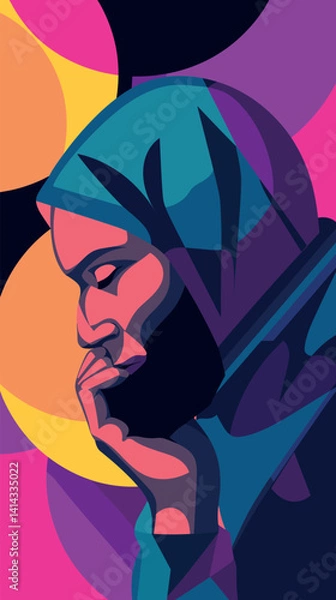 Fototapeta Colorful abstract portrait of young african male in thoughtful pose flat vector illustration
