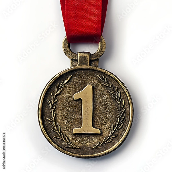 Obraz Gold number one medal with red ribbon on white background, symbol of victory and achievement
