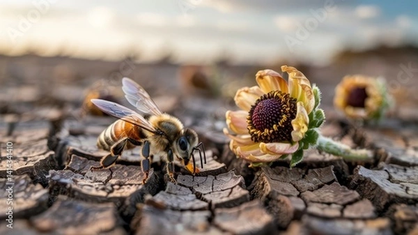 Obraz Honeybee on Dried Flower  Cracked Earth  Drought  Pollination  Climate Change  Environment