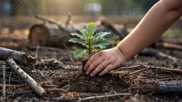 Obraz Child Planting a Young Oak Tree Sapling in Soil   Environmental Conservation  Reforestatio
