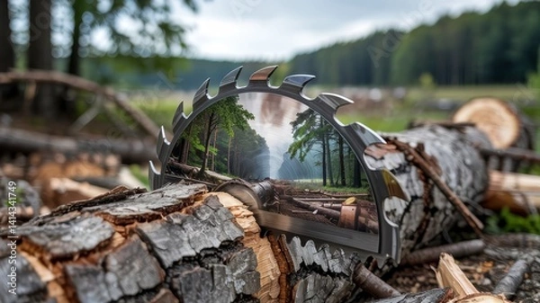 Obraz Circular Saw Blade Reflecting Forest  Deforestation  Environmental Impact  Logging  Woodcu