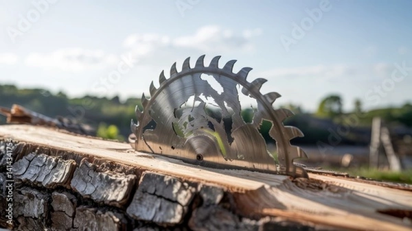 Obraz Circular Saw Blade on Tree Trunk   Forestry  Lumberjack  Woodworking  Timber  Cutting  Log