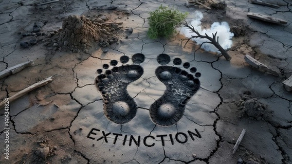 Obraz Giant Footprints on Dried  Cracked Earth  Extinction Concept