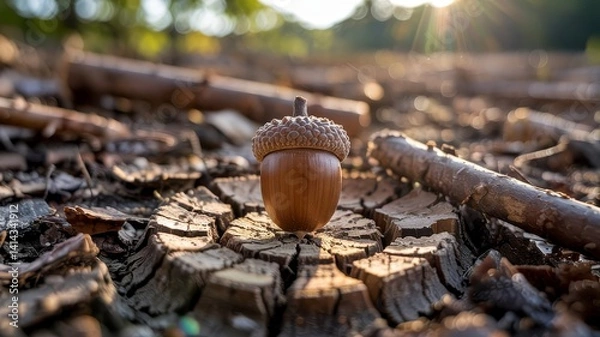 Obraz Single Acorn on Tree Stump at Golden Hour  Autumn Forest  Closeup Macro Photography