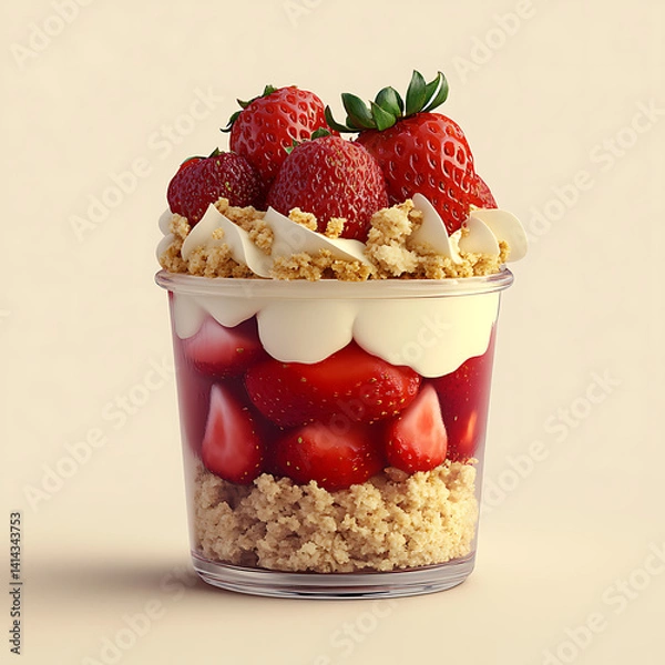 Obraz Delicious strawberry dessert in glass cup with cream and crumble on beige background