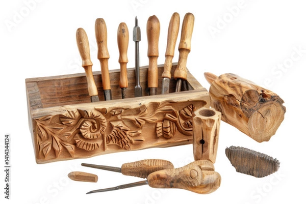 Fototapeta Handcrafted carving tools and intricate wooden pieces showcased artistically isolated on transparent background