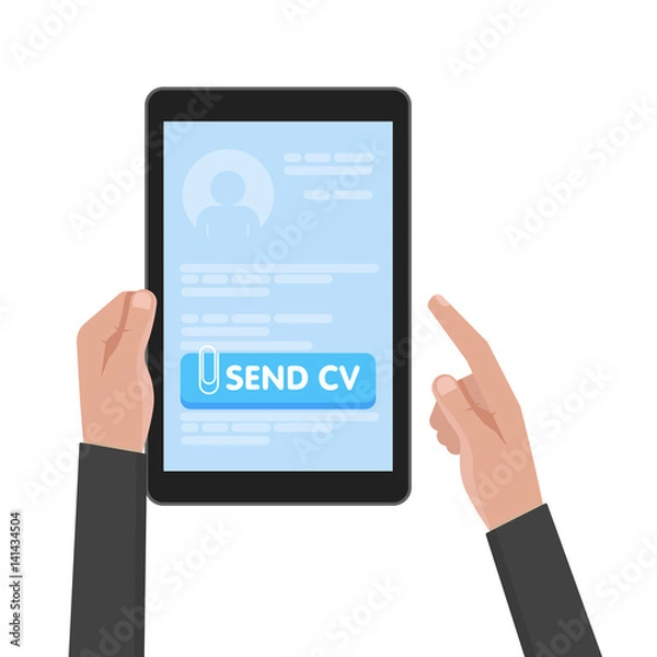 Fototapeta Businessman hand hold tablet computer with resume template. Send cv buttons. Work and job search concept vector illustration