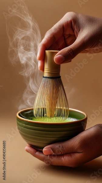 Obraz Traditional matcha tea preparation with bamboo whisk and ceramic bowl in warm tones