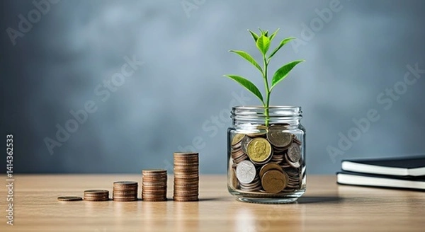Fototapeta Business growth concept image plant emerging from coin jar on desk in office setting represents financial gain