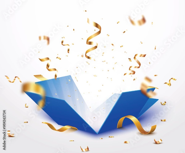 Obraz Open Blue Gift Box With Falling gold Confetti. Present box for birthday, Christmas and New Years celebrations design element