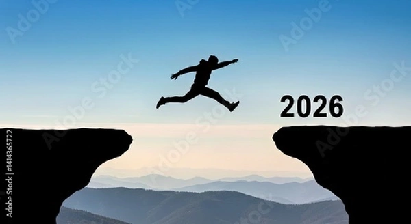 Fototapeta Silhouette man leaping from twenty twenty five cliff towards twenty twenty six symbolizing transition challenge