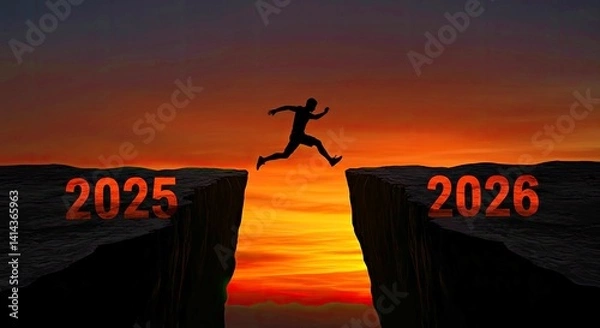 Fototapeta Leaping into future silhouette man jumps chasm between twenty twenty five and twenty twenty six dated cliffs