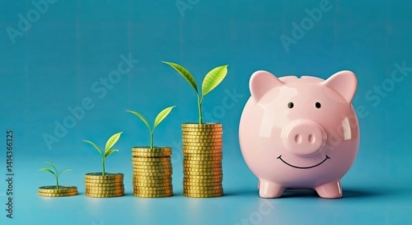 Fototapeta Investment prosperity concept showing smiling piggy bank gold coins and green plant growth on plain blue scene