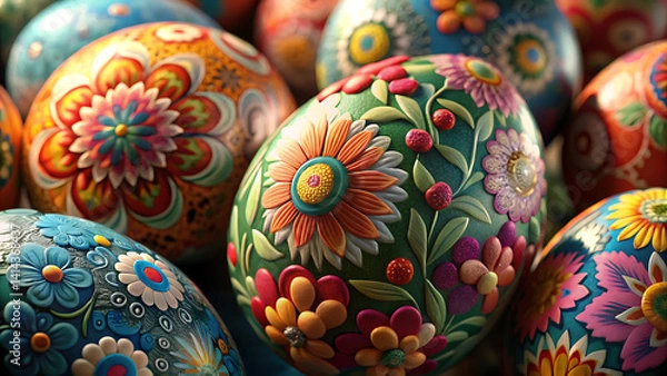 Fototapeta Hand Painted Easter Eggs with Floral Patterns
