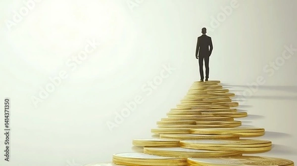 Obraz A figure ascends a golden coin staircase