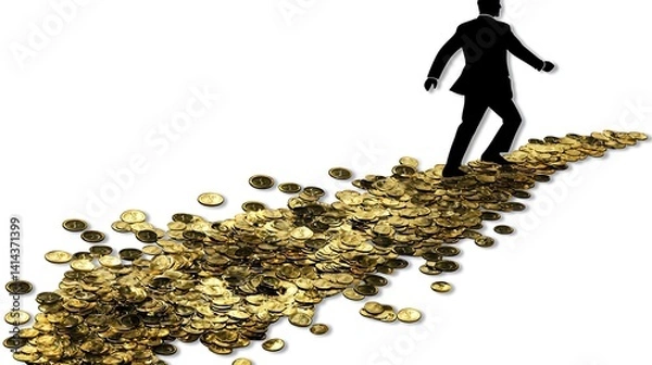 Fototapeta A path paved with gold coins. A businessman walks forward