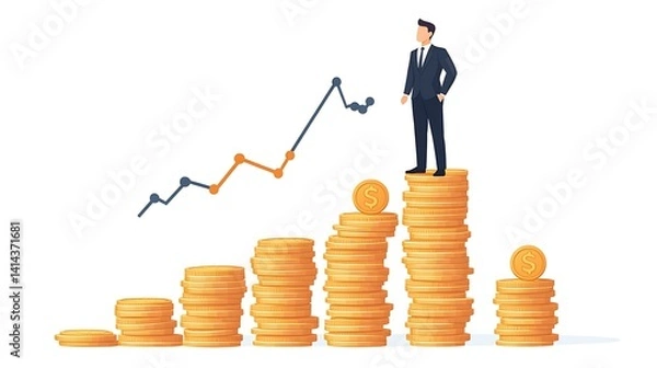 Obraz Businessman standing atop increasing stacks of coins, signifying financial growth and success.  A rising trend graph complements the image, highlighting progress