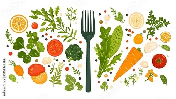 Fototapeta Fresh, colorful, and healthy assortment of vegetables and herbs arranged around a fork