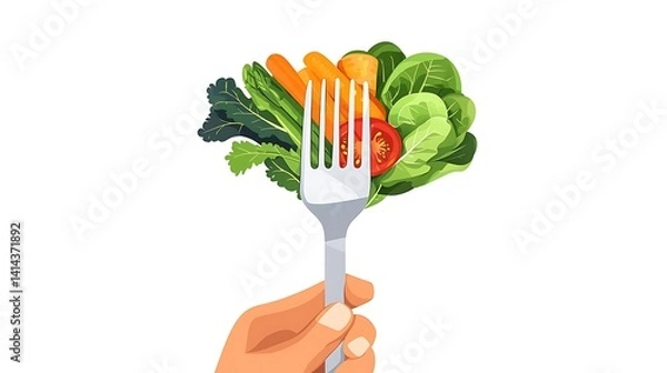 Fototapeta Forkful of colorful fresh vegetables.  A hand holds a fork with a variety of colorful, healthy vegetables including carrots, tomatoes, and greens.  A delicious and nutritious meal