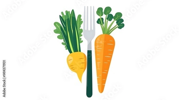 Fototapeta Healthy eating, fresh vegetables, and a fork.  A colorful illustration showcasing nutritious carrots, turnips, and leafy greens, all ready to be enjoyed
