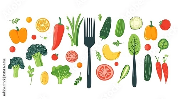 Fototapeta Fresh, colorful vegetables and a fork.  A healthy eating illustration with various colorful sliced and whole vegetables including peppers, broccoli, tomatoes, cucumbers, onions, and citrus