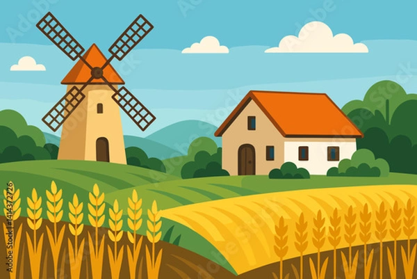 Obraz Flat rural scene highlighting agriculture and a classic windmill