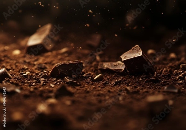Fototapeta Chunks of Dark Chocolate Falling on Cocoa Powder Surface