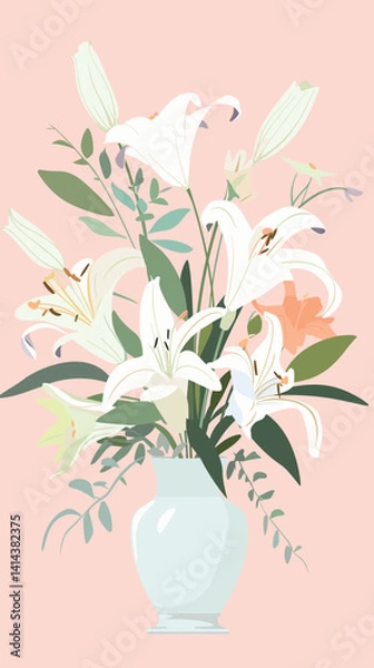 Fototapeta Elegant white lily bouquet in vase on soft pink background flat vector illustration