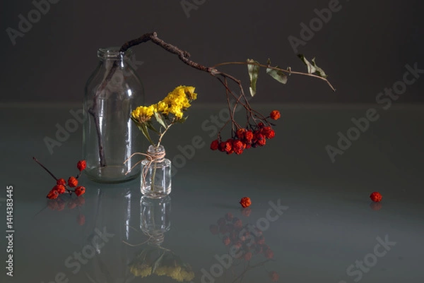 Fototapeta Still life with a rowan branch with red berries and small yellow flowers on a dark background. Minimalism.