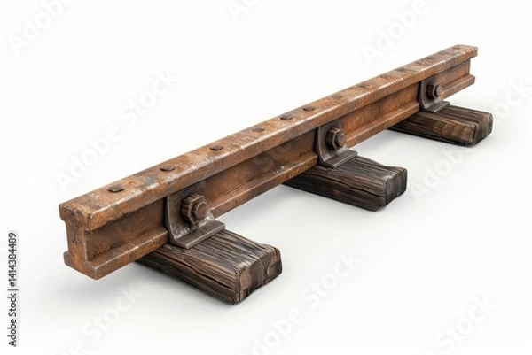 Fototapeta Rusty railway track on weathered wooden sleepers against a minimalistic backdrop isolated on transparent background