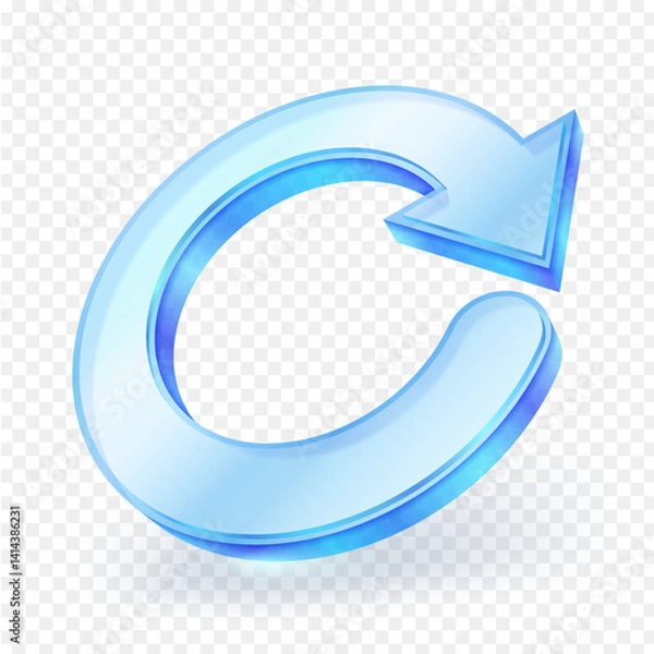 Fototapeta Stylized 3D blue circular arrow with a sleek, glass material, symbolizing refresh, rotation, or reload action in modern digital design, isolated on transparent background. Vector illustration.
