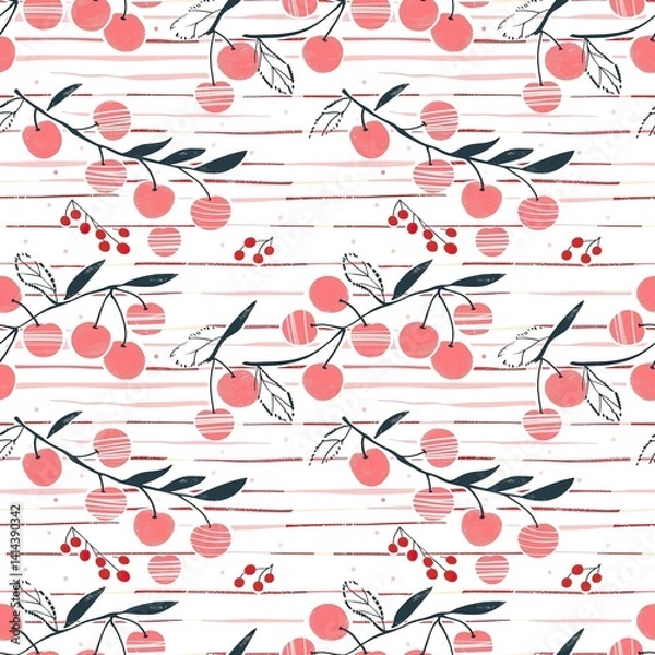 Obraz Whimsical Watercolor Cherry Pattern in Vintage Style, Featuring Soft Hues and Playful Sweet Fruit in Seamless Repeat