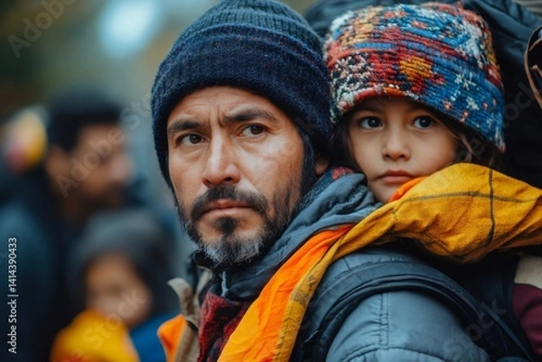 Obraz Father carrying daughter while leaving home with refugees