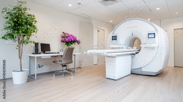 Obraz Modern medical imaging center with a sleek, clean design.  A spacious room houses a state-of-the-art MRI machine, alongside a small workspace. 