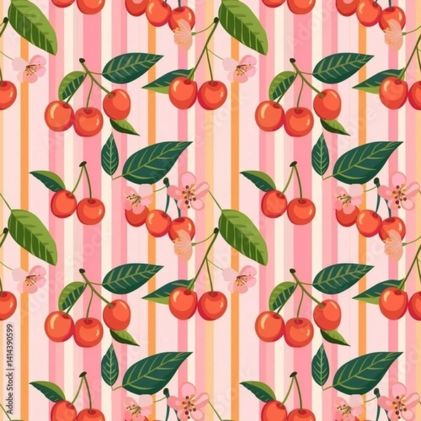 Obraz Whimsical Watercolor Cherry Pattern in Vintage Style, Featuring Soft Hues and Playful Sweet Fruit in Seamless Repeat