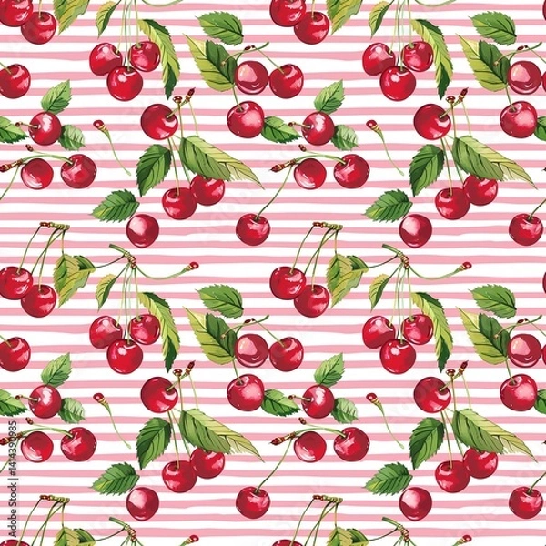 Obraz Whimsical Watercolor Cherry Pattern in Vintage Style, Featuring Soft Hues and Playful Sweet Fruit in Seamless Repeat