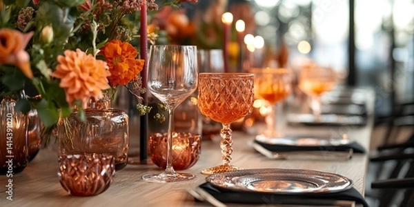 Fototapeta A table with a variety of glasses and plates, including wine glasses.