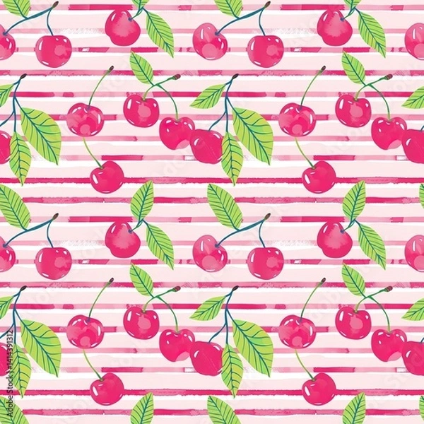 Obraz Whimsical Watercolor Cherry Pattern in Vintage Style, Featuring Soft Hues and Playful Sweet Fruit in Seamless Repeat